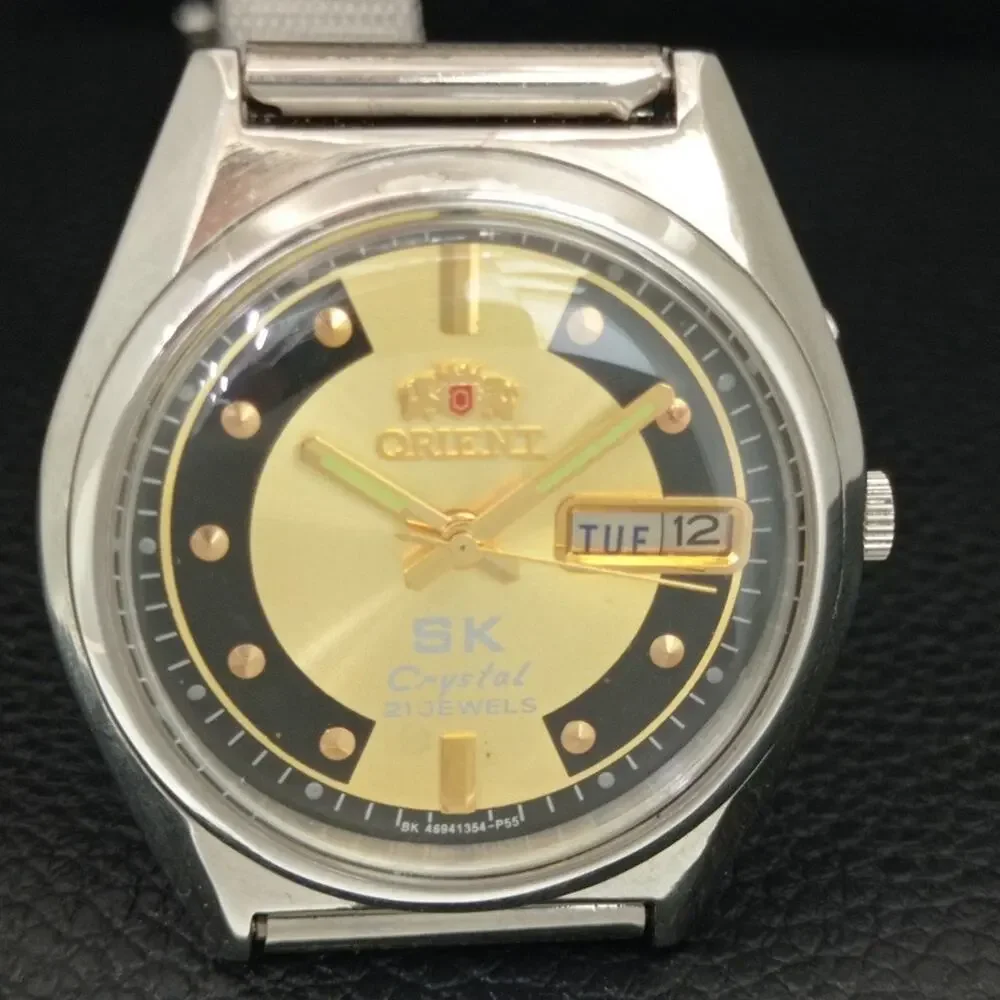 Vintage 1970 Orient Automatic Mens Silver Watch W/daydate & Gold accents